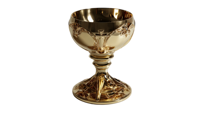 Elaborate golden chalice with detailed floral and cross ornamentation, isolated.