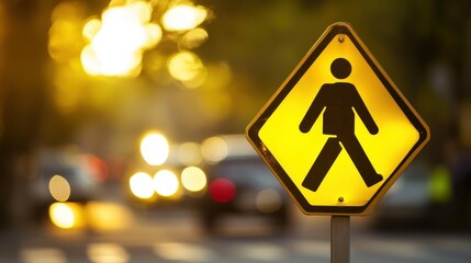 A pedestrian crossing sign featuring a bright yellow background and a black walking figure.