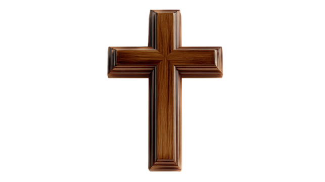 Wooden cross with a layered effect, set against a dark backdrop in a close-up shot.