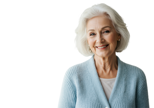 A portrait of a happy and smiling senior woman with white hair, wearing a light blue cardigan, looking directly at the camera.