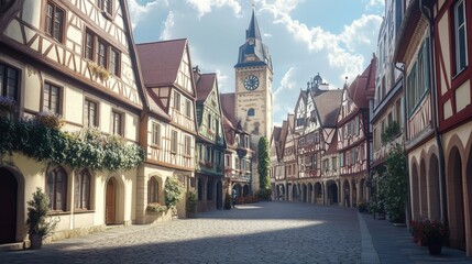 Fototapeta premium picturesque European town square surrounded by historic half-timbered houses, cobblestone streets, and a beautiful clock tower