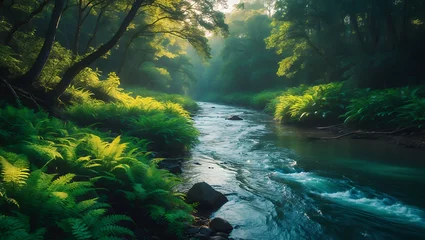 Gordijnen River flows through green forest with ferns and trees © Tina