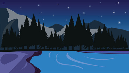 Fototapeta premium Serene night landscape illustration featuring a calm river, pine forest, and distant mountains under a starry sky. Perfect for nature-themed designs, backgrounds, vector illustrator