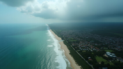 Aerial view coastline battered by severe flooding illustrating environmental crisis impact on coastal communities under dramatic storm clouds in  Photo Stock  Concept  and empty space on the left side