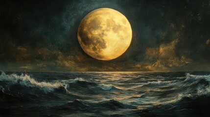 Dramatic full moon over ocean waves at night