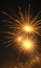 Fototapeta premium Intense yellow fireworks burst with radiant light, painting the night sky with vivid, atmospheric color , vivid, color, dramatic