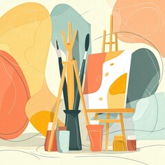 Artistic setup with painting materials and easel in a bright and colorful environment