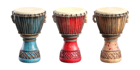 Set of Three Djembe Drum Poses on Transparent Background for Music Education, African Culture Art, or Performance Design