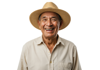 An older Asian man with a wide smile wears a straw hat and a light shirt in a studio portrait against a transparent background.
