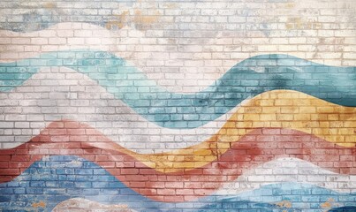 Obraz premium Abstract wave pattern painted on brick wall in pastel tones. AI generated illustration.