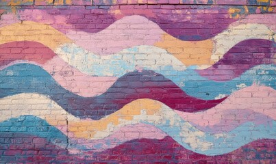 Obraz premium Abstract wave pattern painted on brick wall in pastel tones. AI generated illustration.