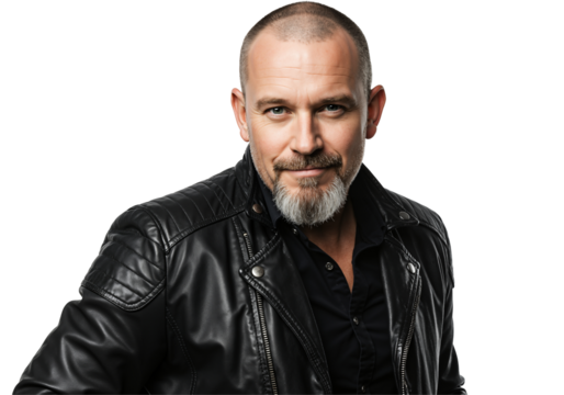 A confident middle-aged man with a salt-and-pepper beard and short hair poses in a stylish black leather jacket and shirt against a dark studio background.