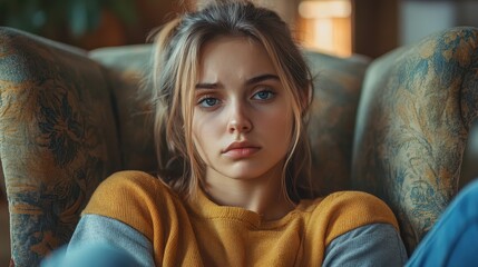 Fototapeta premium Young caucasian female relaxing on armchair at home