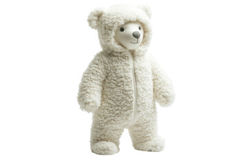 Adorable plush polar bear teddy in a cozy cream onesie standing against a bright white background