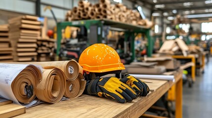 Fototapeta premium Hard hat, gloves, and blueprints on a workbench in a factory.