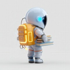 Naklejka premium Astronaut with books exploring knowledge in a futuristic environment