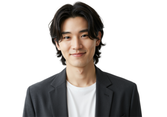 A studio portrait of a smiling young adult Asian man with dark wavy hair wearing a dark blazer over a white t-shirt looking directly at the camera.