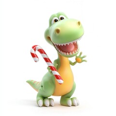 Fototapeta premium Cheerful dinosaur character holding a candy cane with a bright smile during the holiday season
