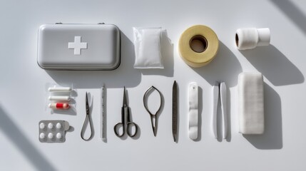 Medical First Aid Kit with Bandages, Scissors, Pills, Thermometer, and Supplies on White Background