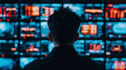 Monitor wall, focused person