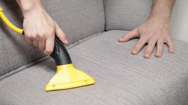 A close-up shows one woman's hand holding a mop as she cleans the sofa 