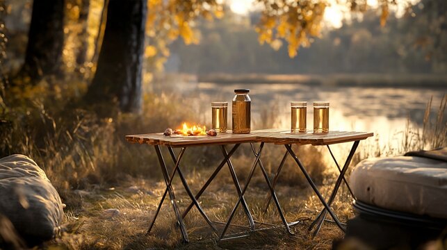 Serene autumnal lakeside camping setup with a wooden table, drinks, and firelight