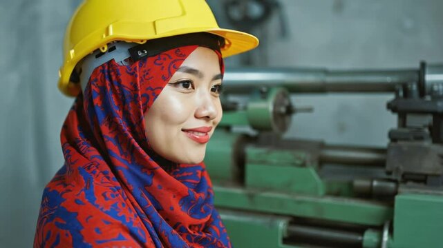 A smiling woman engineer in a yellow helmet is a  female construction worker