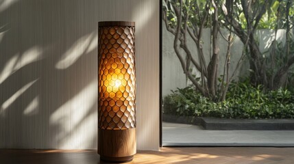 Wooden Bamboo Table Lamp with Warm Light in Home Interior
