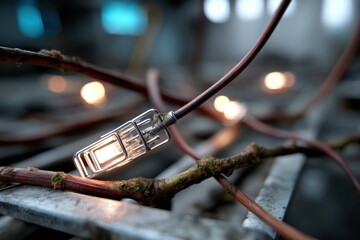 An artistic light fixture entwined with natural branches, blending modern design with organic materials, creating a unique ambiance in a rustic setting with soft illumination.