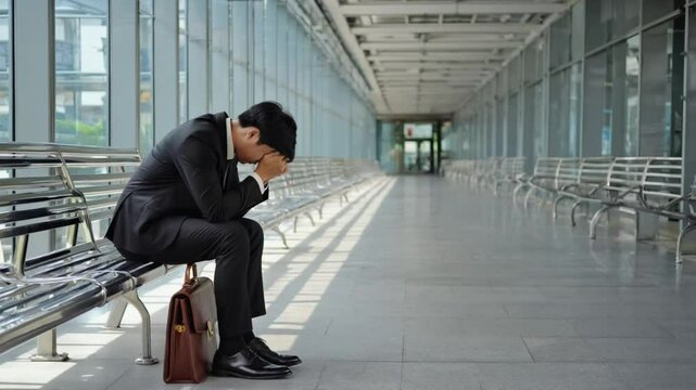 A sad, stressed young businessman  in a suit sitting on a bench, with a business failure concept