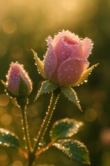 Fototapeta premium Pink rosebud with dewdrops in morning sunlight and soft bokeh