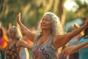 A vibrant and inclusive community of women come together in a serene park setting, embracing practice of yoga as they gracefully extend their arms and harmoniously synchronize their breaths