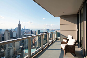 Naklejka premium Modern Balcony with Wicker Chairs Overlooking Manhattan Skyline Representing Urban Luxury Living on Sunny Day [with copy space]