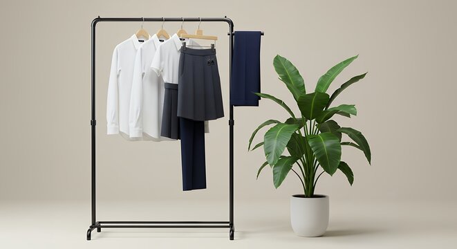 Studio shot of school uniform garments on a black clothing rack with a large potted plant against a neutral background, showcasing clean lines and modern design
