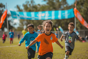 Obraz premium A vibrant banner adorns soccer field as enthusiastic young children showcase their skills in an exhilarating soccer football match 
