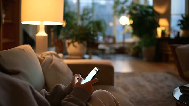 Person texting and gossiping on phone in evening living room