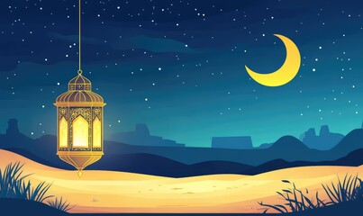Ornate Arabic Lantern and Crescent Moon with Starry Night Sky for Ramadan Celebration. AI generated illustration.