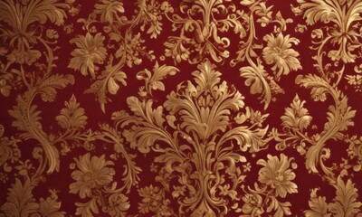 Fototapeta premium Intricate gold leaf floral damask on deep crimson backdrop, decor, motif