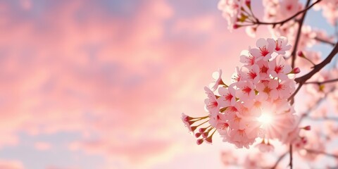 Soft sunlight bathes delicate cherry blossoms in the lower right corner against a vibrant spring sky, bright, closeup
