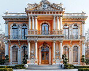 Obraz premium Elegant Neoclassical Mansion Facade with Ornate Architectural Details and Symmetrical Design in Warm Sunlight