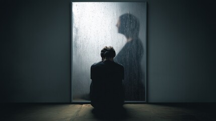 Obraz premium A person sits alone, facing a shadowy reflection, symbolizing inner struggle with emotional agoraphobia, depression, and stress.