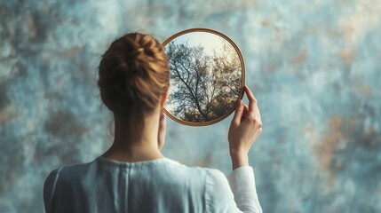 Naklejka premium A woman holds a mirror reflecting a tree, symbolizing self-reflection and growth in mental health.