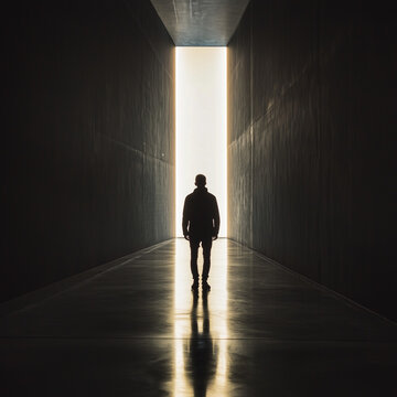 Silhouette eines Mannes in dunklem Raum vor hellem Lichtspalt &ndash; Symbol f&uuml;r Aufbruch, Neuanfang, Transformation, Coaching, Selbstfindung, Hoffnung, Ziel, Zukunft, Lebensweg, Entscheidung, Wandel