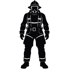 A black silhouette of a firefighter in full gear, including a helmet and breathing apparatus, standing in a ready stance 
