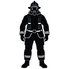 A black silhouette of a firefighter in full gear, including a helmet and breathing apparatus, standing in a ready stance 