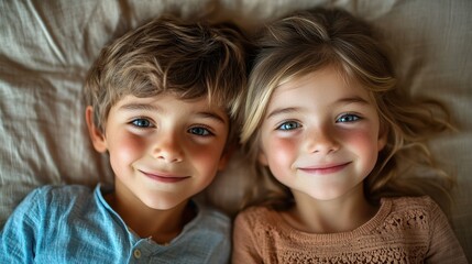 Caucasian young children smiling on bed in soft light