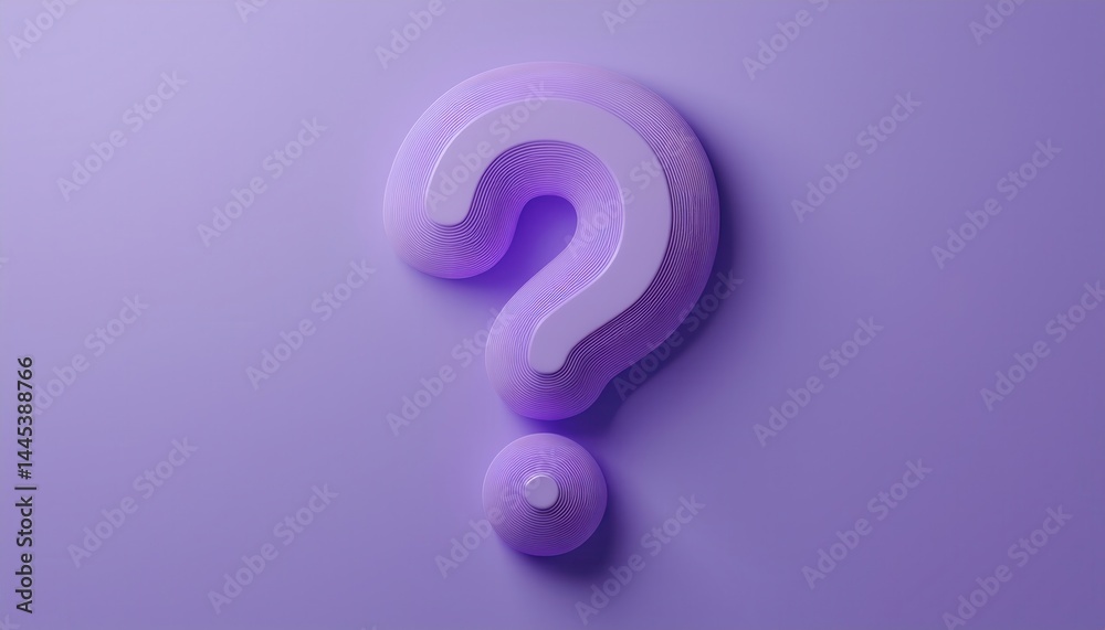 Poster 3d purple question mark icon on violet background for branding, web design, tech support graphics, m