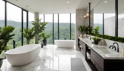 Fototapeta premium Modern Bathroom with Panoramic Mountain View