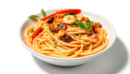Stir-fried Spicy Spaghetti Seafood Thai Style (Spaghetti Pad Kee Mao) on White Dish, Isolated on White Background with Shadow, Front Side view. Selective Focus at the front, enhance. with white shad
