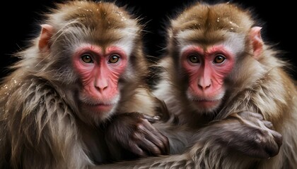 Obraz premium Two Japanese Macaques Huddling Together
